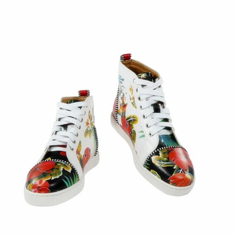 

OKHOTCN Handmade Printed Men Loafers Luxury Fashion Designers Shoes Party Sequin Shoes Men High Top Shoes Lace Up Men's Flat