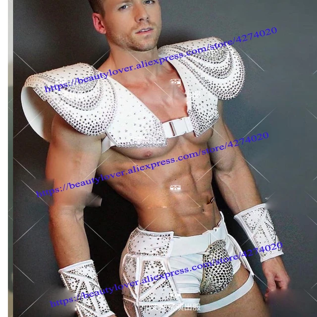 Europe Model Catwalk Concert Muscle Men Ds Dance Team Dance Bar White Armor  Version Sexy Gogo Costume Shiny Diamond Suit - Cosplay Costumes - AliExpress