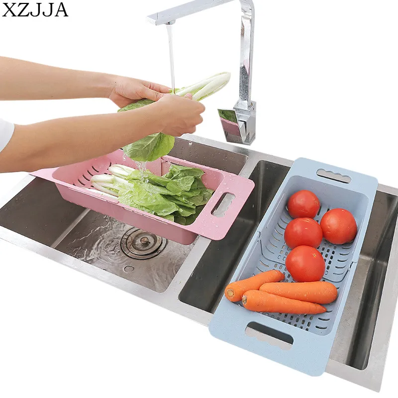 

XZJJA Creative Adjustable Kitchen Sink Rack Vegetables Fruit Drain Basket Tableware Organize Drying Shelf Kitchen Storage Holder
