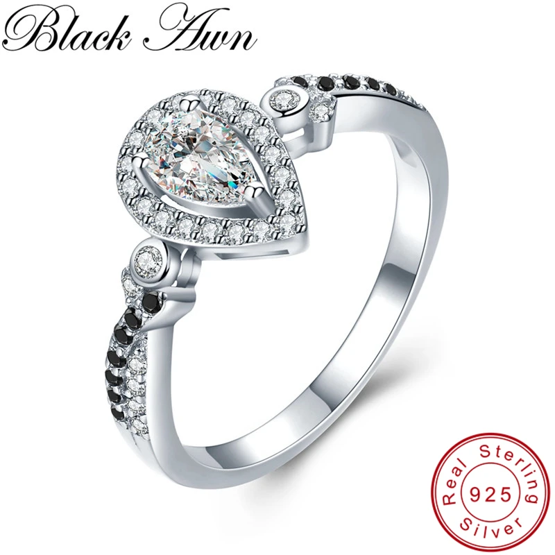 

[BLACK AWN] Vintage 2.3g 925 Sterling Silver Fine Jewelry Bague Water Drop Black Spinel Engagement Rings for Women Bijoux C484