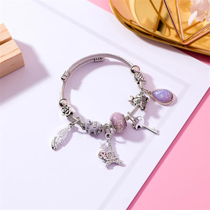 

hot 2018 new style fashion alloy bracelet Key tower feather pattern Pendant Elastic Bracelet DIY Ladies' Bracelet birthday gift