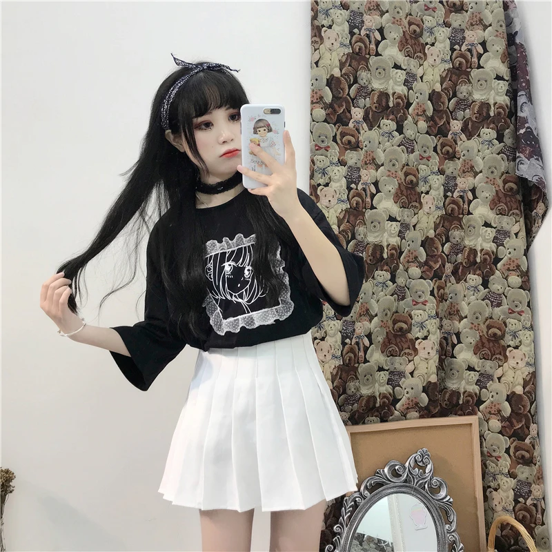 Japanese Sweet Long Tshirt Cute Clothes for Women Summer Oversized Loose Bandage T Shirt Black White Cartoon Graphic Tees Women