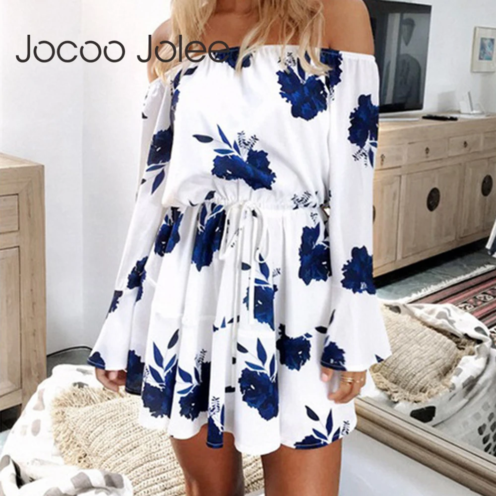 

Bohemian Dress Women Causal Summer Off Shoulder Floral Print Mini Dress 2019 Long Sleeve Drawstring Loose Chiffon Dress