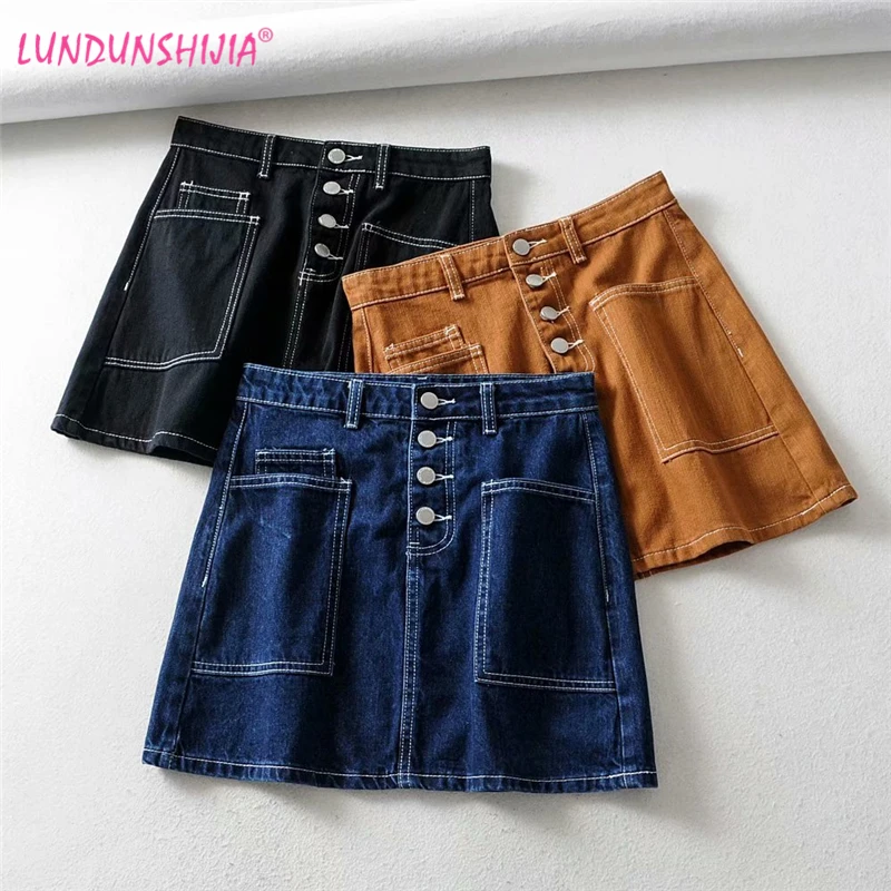 

LUNDUNSHIJIA High Quality 2019 Summer New Arrival Women Fashion Pockets Denim Skirts Women Jeans Cowboy Skirt For Women 3 Colors