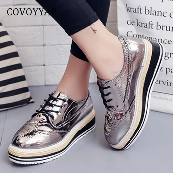 

COVOYYAR Oxford Brogues Shoes women 2019 Vintage Patent Leather Cut Out Women Sneakers Spring Platform Wedge Casual Shoes WSN93