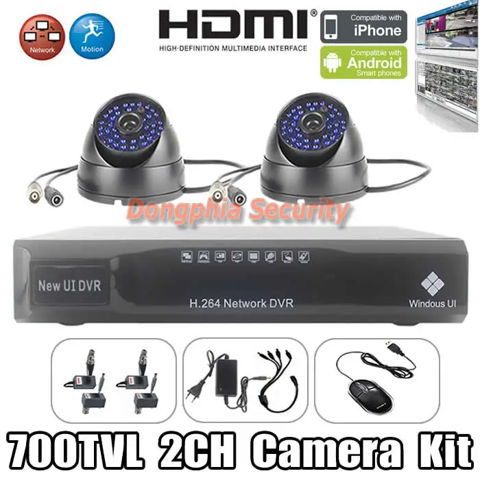2CH Комплект ВИДЕОНАБЛЮДЕНИЯ 1/4 'ɼMOS 700TVL Купольная ИК-Камеры Открытый