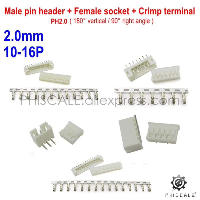 

PHISCALE PH2.0 50Set 10-16Pin 2.0mm Connector Kits Pin Header+Vertical/90 Degrees Right Angle Pin Socket Housing+ Crimp Terminal