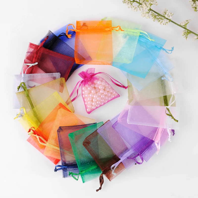 

100pcs/lot Organza Bags 7x9 9x12 10x15 13x18 cm Jewelry/Christmas/Wedding/Birthday/Gift Packing Drawstring Bags Free Shipping