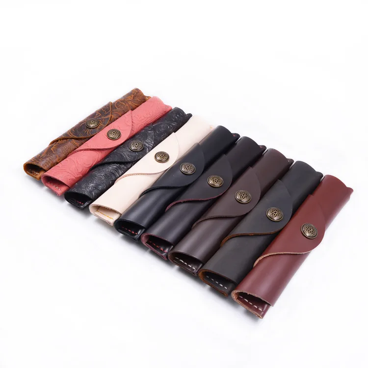 

2018 New Handmade Button Diy Creative Cowhide First Layer Of Vintage Vegetable Tanned Leather Pen Bag