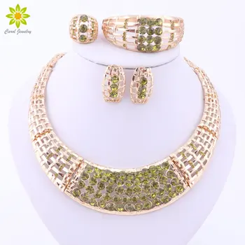 

Green Crystal Jewelry Sets For Women African Beads Statement Necklace Gold Color Fine Wedding Bridal Party Dress Accessories