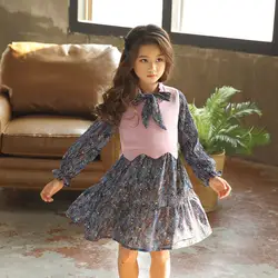 Dfxd/2018 Весна новое поступление Платье для маленьких девочек высокое качество с длинным рукавом вязаный жилет шифон Цветочные шить платье