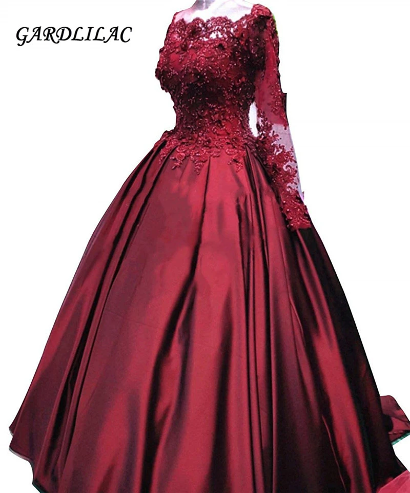 maroon ball gown with sleeves