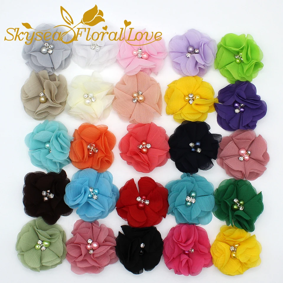 

High quality artificial flower heads Children's headdress 6CM chiffon hand-stitched fabric hair clips headband diy craft flower