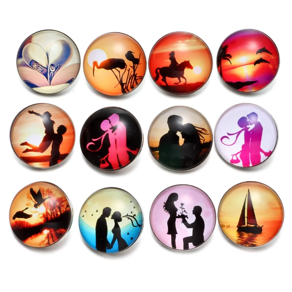 

12pcs/Lot Love Sketch Pattern Glass Charm 18mm Snap Button Jewelry For 18mm Snaps Bracelet Snap Jewelry KZ0524