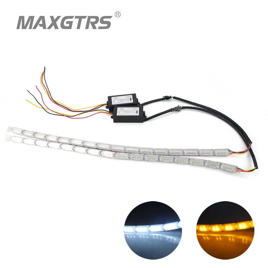 

2x Car Flexible DRL White/Amber Switchback LED Knight Rider Strip Light Headlight Sequential Flasher DRL Turn Signal Waterproof
