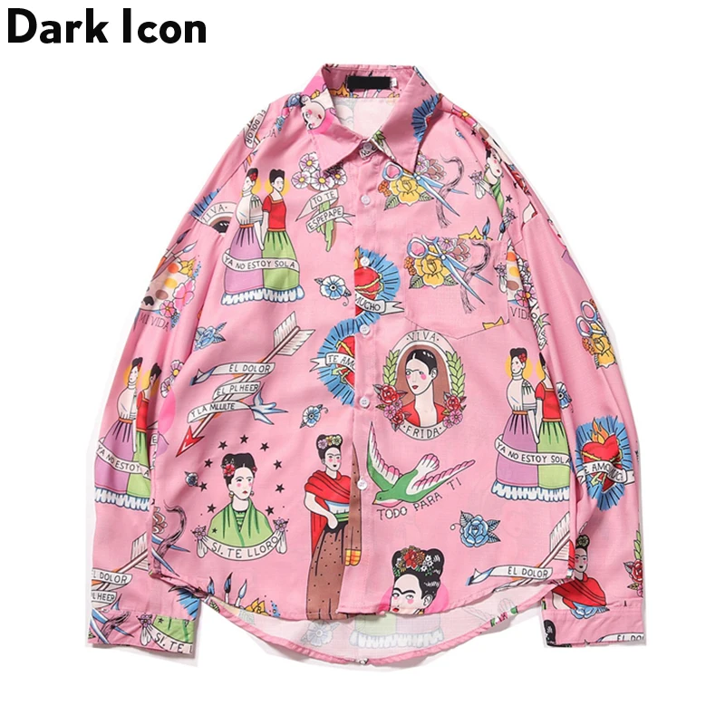 

Dark Icon Full Printed Oversized Men 2019 Autumn Street Long Sleeve Mens Shirts Hip Hop Shirts For Man Male Top