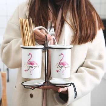 

Double Row Chopsticks Cage Portable Ceramic Spoon Chopsticks Holder Tube For Home Kitchen Storage And Organizer