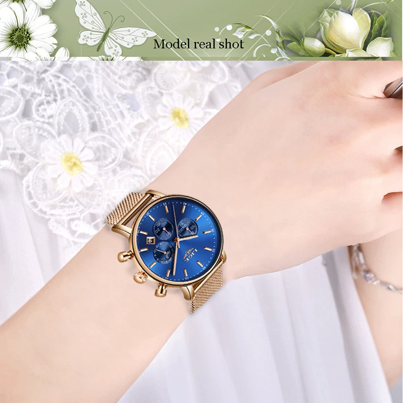 LIGE для женщин модные золотые синие кварцевые часы Леди сетки ремешок для часов Высокое качество повседневное водонепроницаемый наручные часы подарок