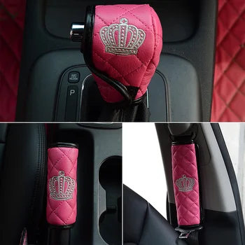 

PU Leather Car Seat Belt Cover Padding Crown Embroidery Car Shifter and Hand Brake Covers Sets Interior Accessories For Women