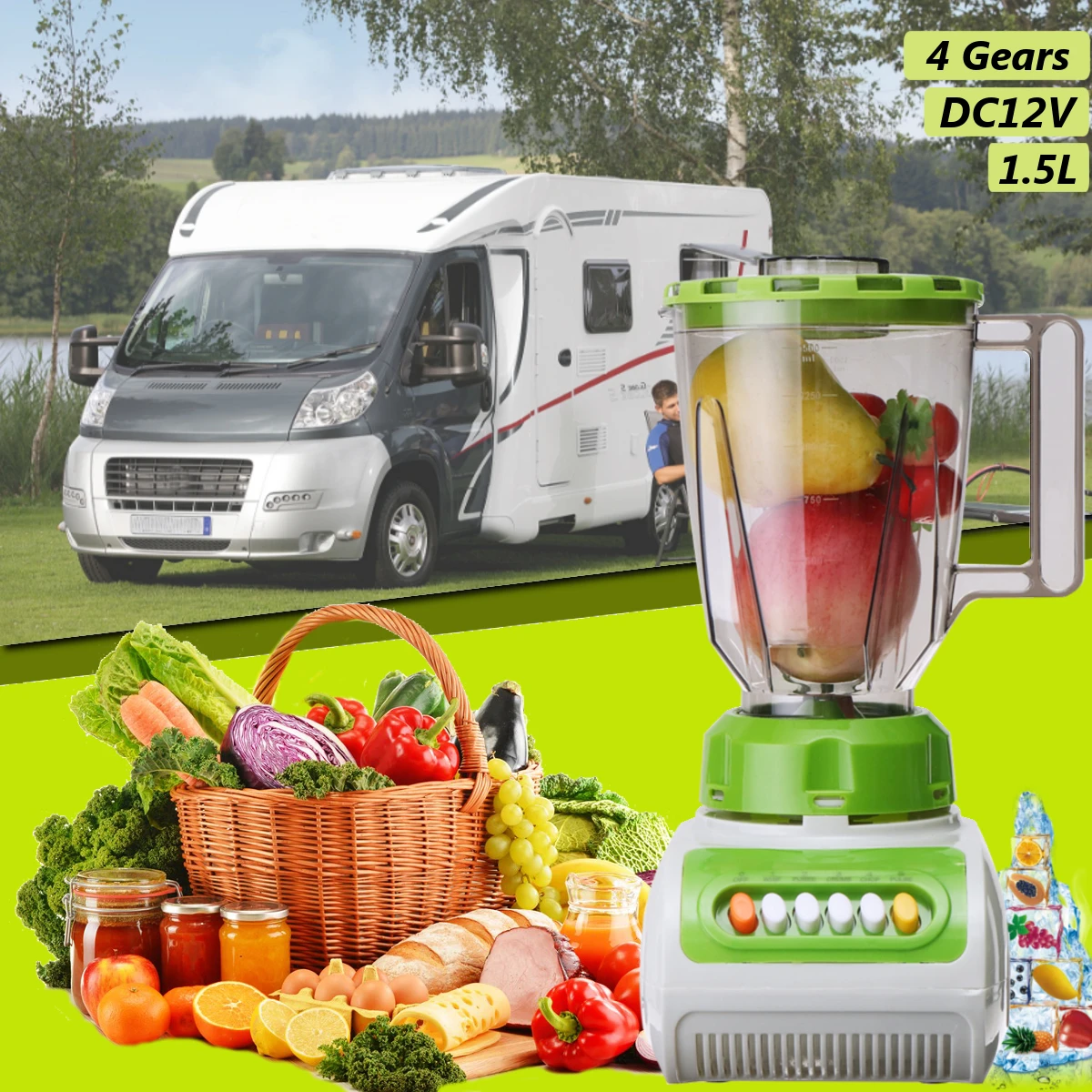 

1.5L DC 12V Cars Juicer Mixer Juice Maker With Mill Jar Coffee Grinder For RV 4 Speed Motor with 6 Button 14x20x24.5cm Removable