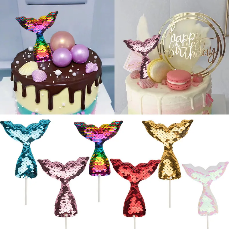 

Sequins Mermaid Tail Pearl Plugged Cake Decoration Birthday Wedding Party Ornament Festive Decor DIY Accessories