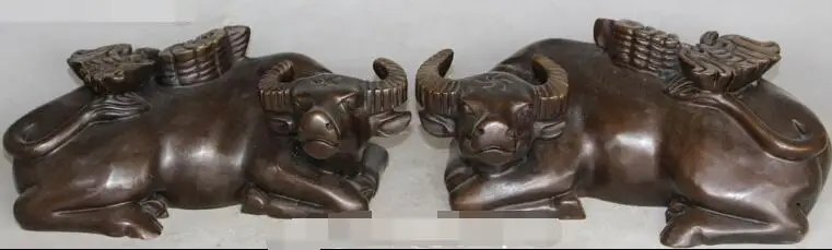 

S2565 10" Chinese Pure Bronze Wealth Bat Fu Foo Bull Ox Cattle Animal Sculpture Pair