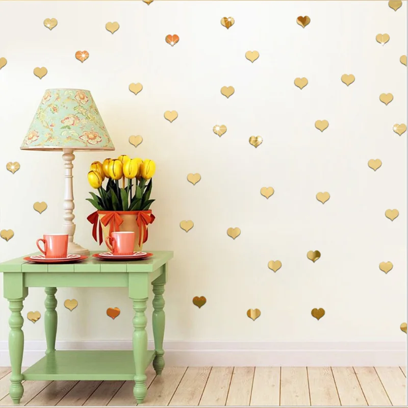 100 piezas de pegatinas de pared acrílicas espejo en forma de corazón espejo decorativo de alta calidad accesorios de decoración de pared de plástico para el hogar