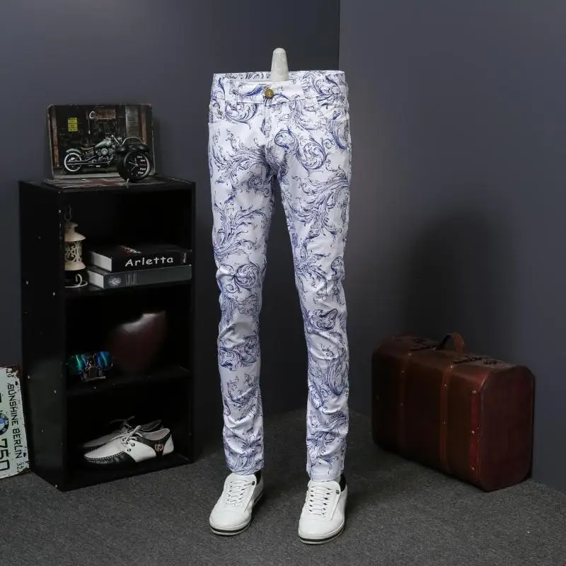 Джинсы с цветочным принтом, джинсовые мужские обтягивающие джинсы, повседневные, Vaqueros Hombre skinny Erkek Jean Pantolon Calca Jeans Masculina
