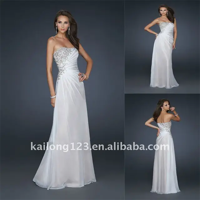 Glamorous Strapless A Line Floor Length Silver Beaded White Chiffon Glamorous Strapless A Line Floor Length Silver Beaded White Chiffon Evening Dresses