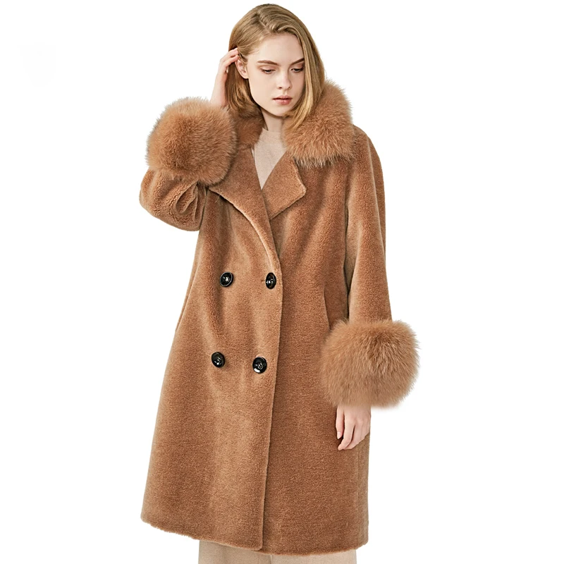 

MAOMAOFUR Real Sheep Fur Coat Fox Fur Collar Cuff Warm Wool Coat Women Winter Camel Pink colors Genuine Wool Jacket