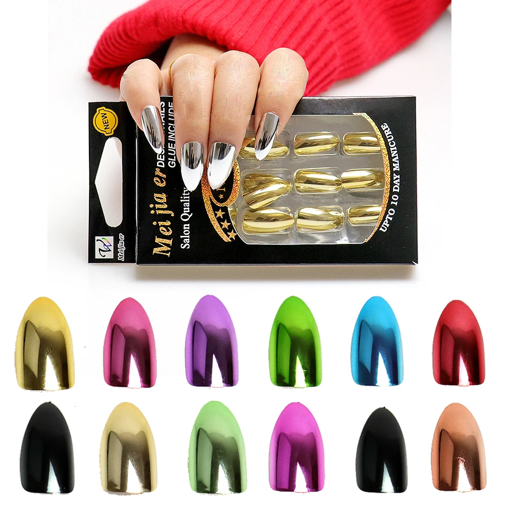 

Metallic Mirror Plating False Nails Punk Style Artificial Press On Nails Black Rose Gold Sliver Full Cover Nail Tips Faux Ongle