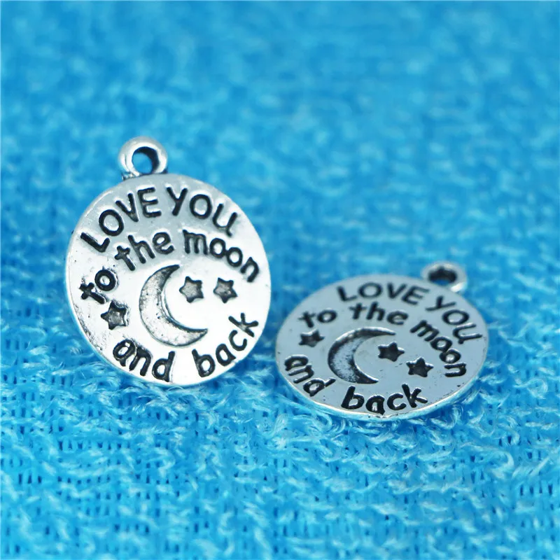 

2018 High Quality 10 Pieces/Lot Diameter 18mm Love you to the moon and back Round Disc Message Charms Bracelet Pendant
