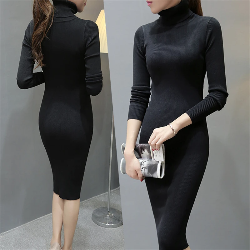 

Women Sexy Slim Sweater Dresses Black Gray Autumn And Winter Long Sleeve Turtleneck Sexy Knitting Brief Knitted Dress Vestidos