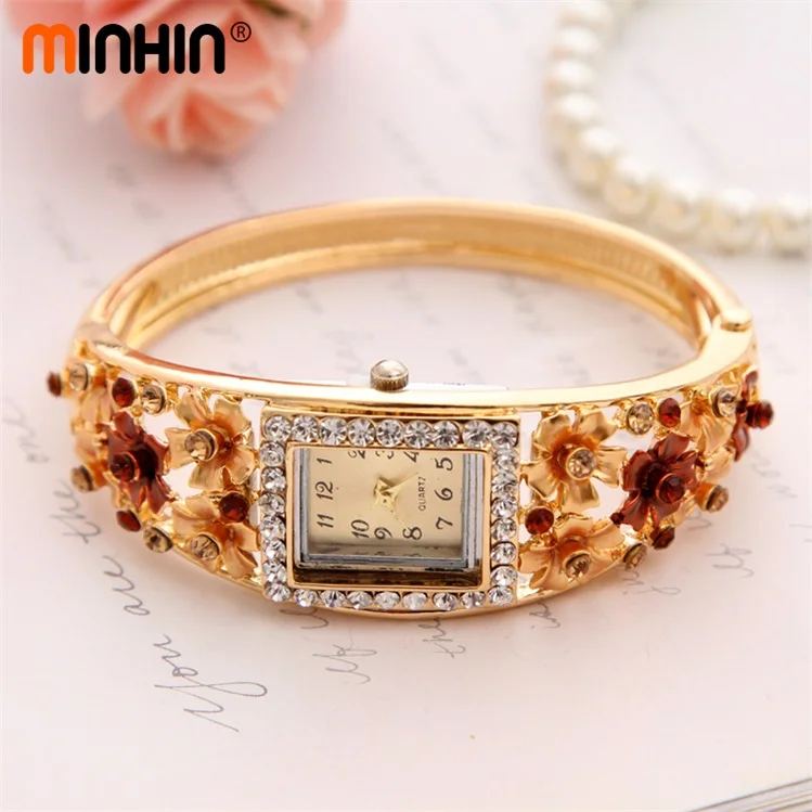 Часы MINHIN Brilliant, 5 цветов, браслет для женщин, золотой цвет, Хрустальный цветок, дизайн, Браслет-манжета, кварцевые часы, повседневные наручные часы - Цвет: W002