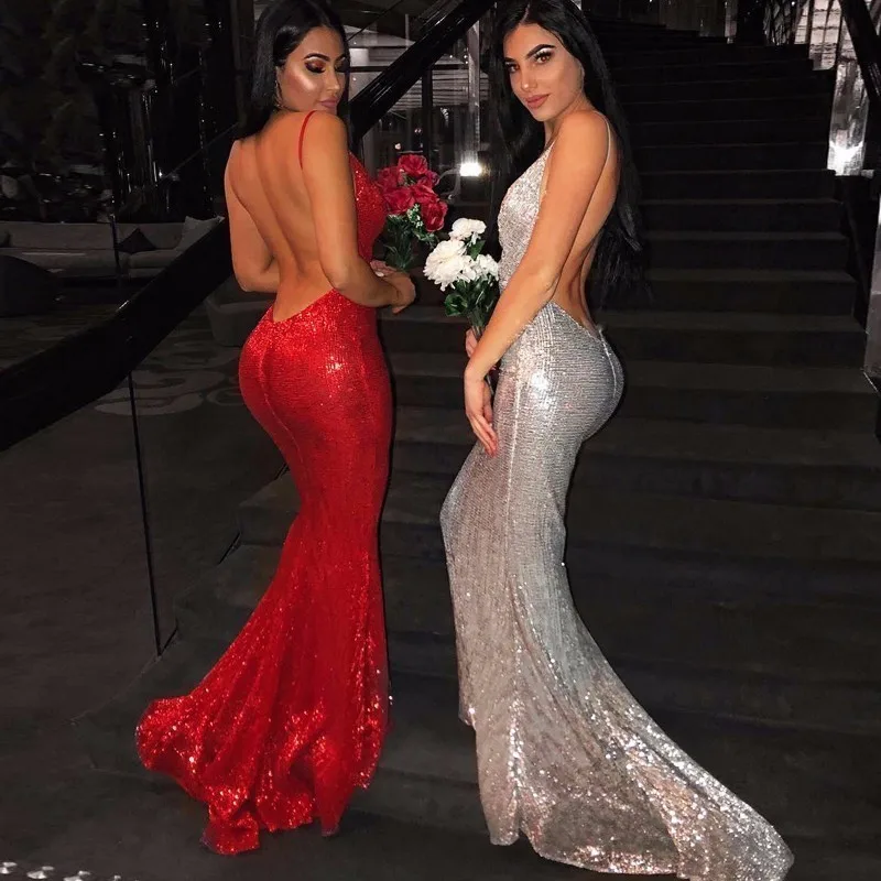 

COSYGAL Elegant Party Long Dress 2018 Summer V Neck Backless Sequin Dresses Women Bodycon Spaghetti Strap Sexy Dress Vestido