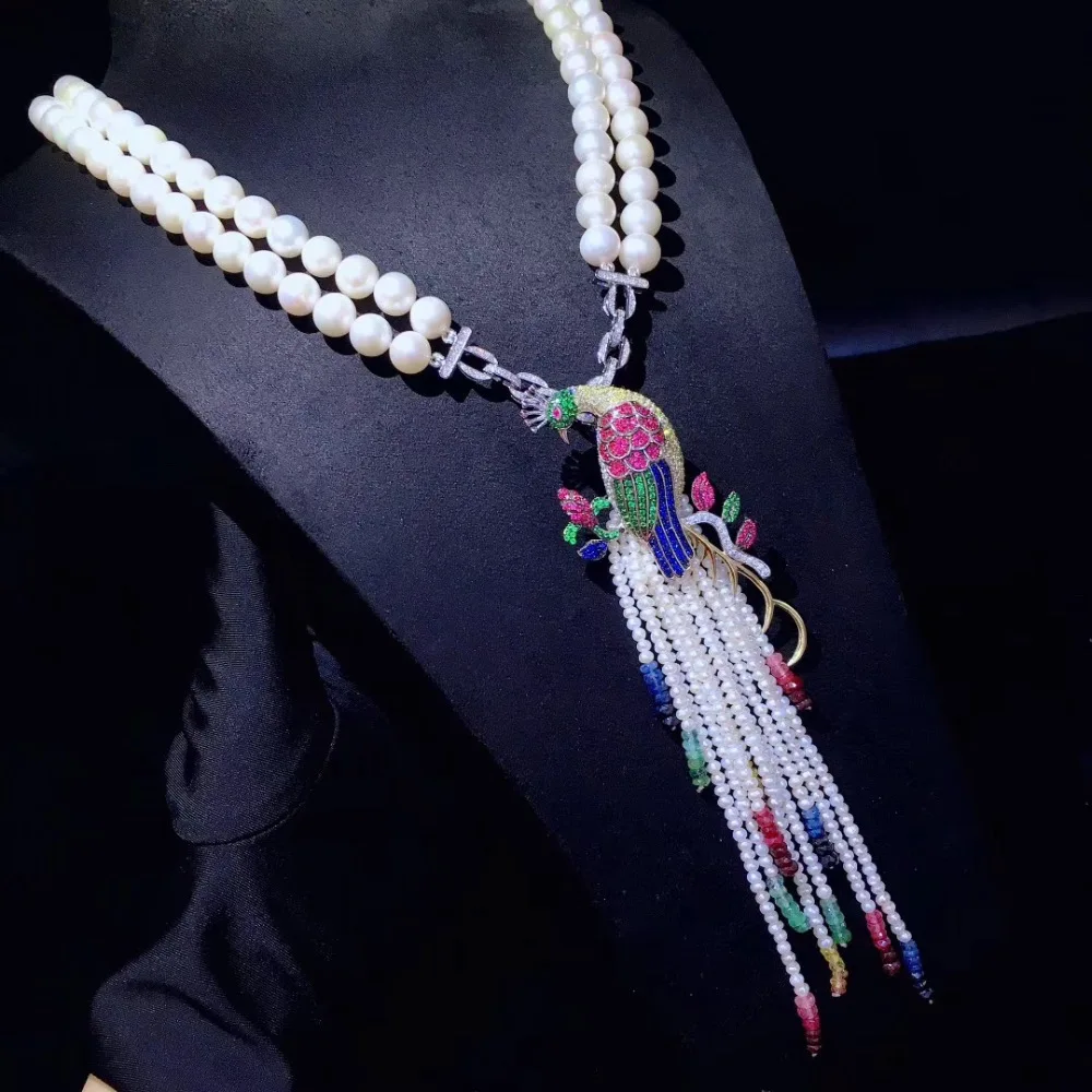 natural fresh water pearl pendant necklace double layers bird phoenix ethnic multicolor 18 inch accept order any length | Украшения и