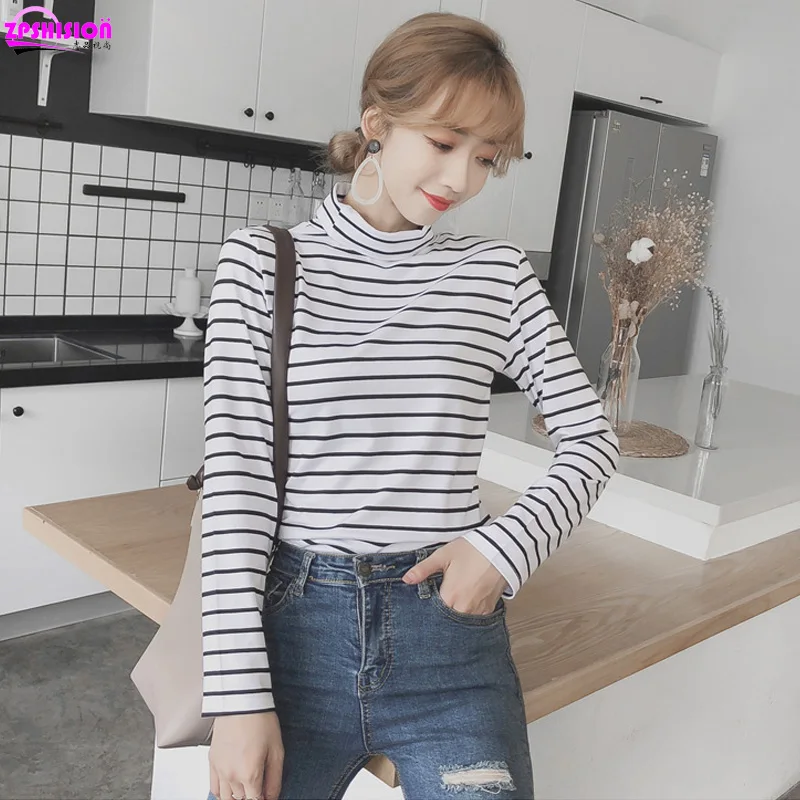 

Black and white striped long-sleeved t-shirt female loose high collar 2019 new slim casual top spring and autumn bottoming shirt