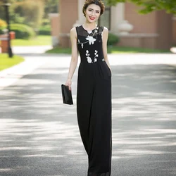 Women Elegant Long Party Jumpsuits 2020 Chiffon Floral Embroidery Black Wide Leg Full Length Summer Rompers Plus Size 3XL 4XL Women Elegant Long Party Jumpsuits 2020 Chiffon Floral Embroidery Black Wide Leg Full Length Summer Rompers Plus Size 3XL 4XL