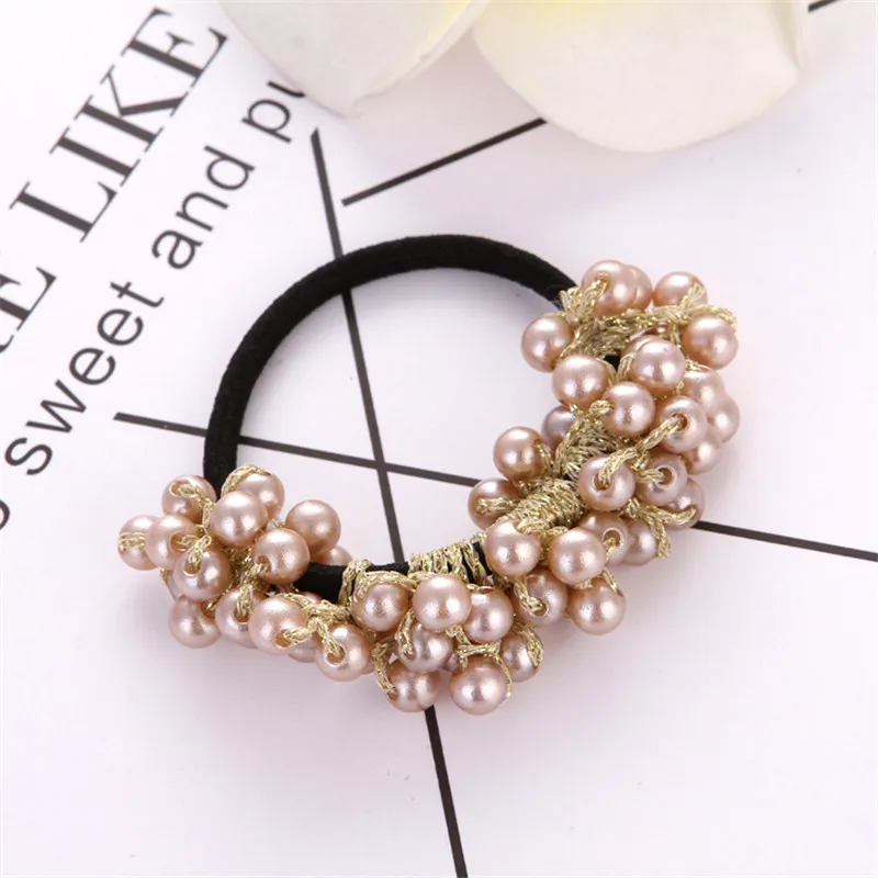 Fashion Pearls Bead Elastic Rubber Hair Bands Elegant Headwear Women Girl Hair Rope Scrunchy Ponytail Jewelry Hair Accessories Style 1 Champagne