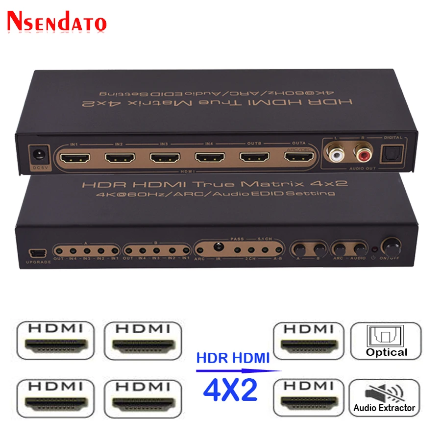 HDR HDMI 4x2 матричный коммутатор 2,0 4 К 60 Гц 4 в 2 из HDMI 2,0 Splitter Switcher аудио эксрактор ARC ИК Управление SPDIF для PS3 PS4 ТВ