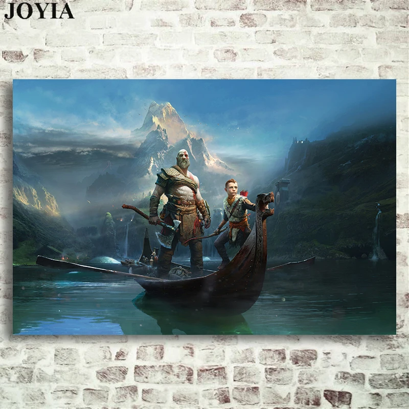 

God of War 4 Kratos and Atreus Wall Poster Video Game Posters Prints Wall Picture Room Decor Artwork 60x90 50x75 cm Silk Art