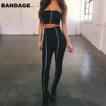 

2019 Arrivals Party Strapless Golden Chain Bandage Two Piece Pants Set Uk Sexy Skinny Black Women's 2 Pieces Pant Sets Outfits