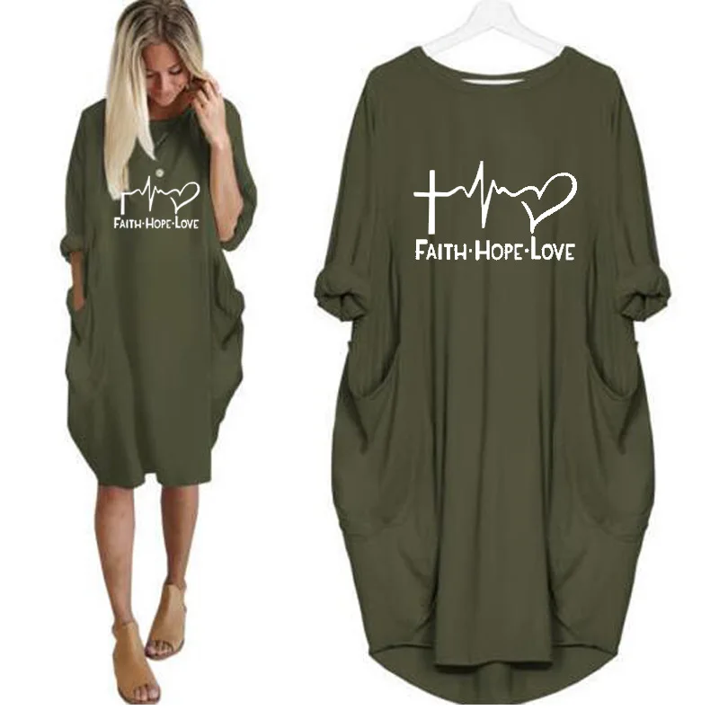 

New Fashion Faith Hope Love Dress Women Long Sleeve Plus Size Summer Dresses 2019 Harajuku O Neck Midi Dress Vestidos Dropship