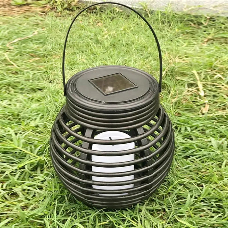 

Round Portable Lantern Light Candle Light Solar Powered Camping Emergency Lamp Rattan Landscape Lighting(Black)