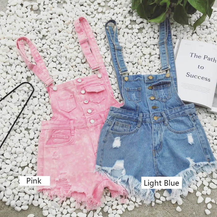 2018 new Korean college wind age denim strap shorts female wild thin students hole suspenders tide (9)