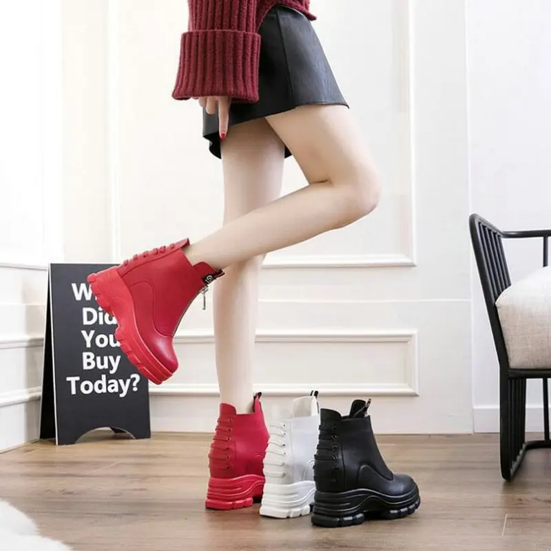 

winter Women short snow warm fur Boots Woman Genuine leather Ankle Boots Ladies Platform wedges Increasing cross tied LG-72