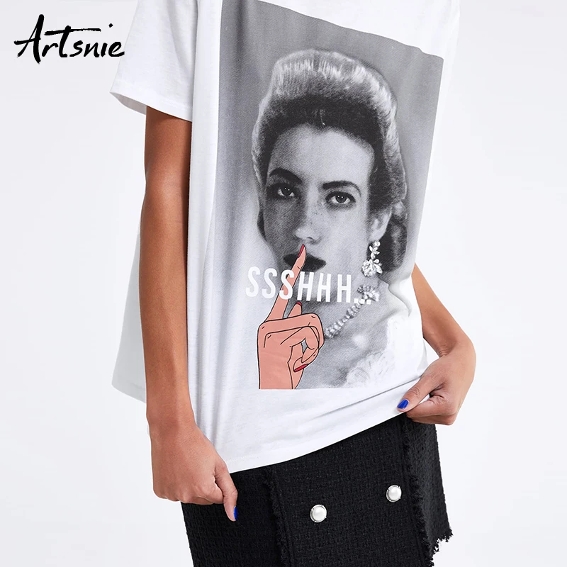 Artsnie شخصية إلكتروني طباعة الأبيض النساء t قميص الصيف 2019 س الرقبة قصيرة الأكمام محبوك قمم كوع تي أنثى الشارع الشهير تي شيرت