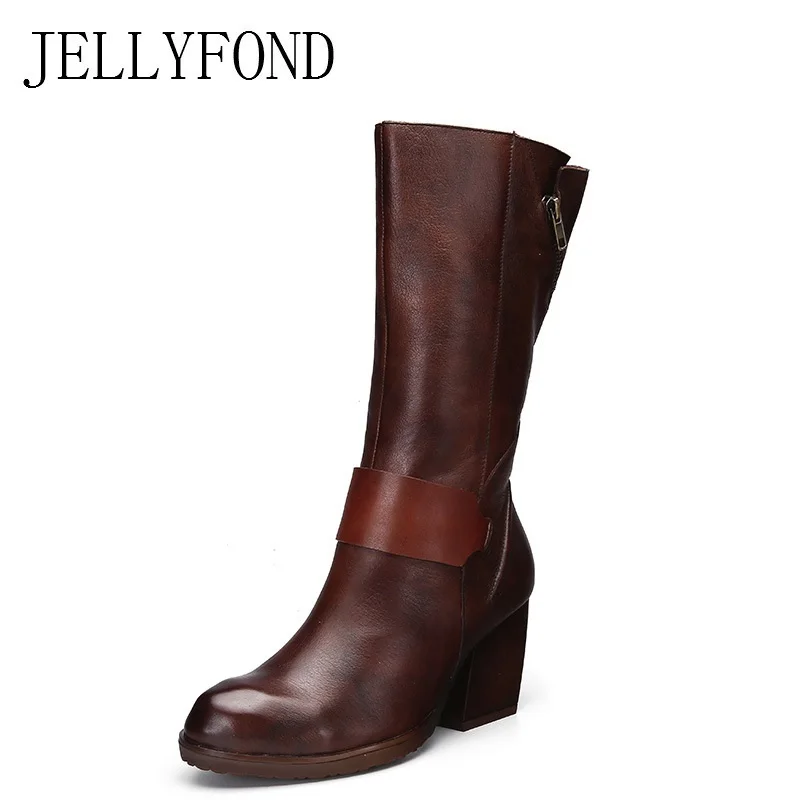 

Designer 2018 Handmade Genuine Leather Knee High Boots Buckle Strap High Heels Motorcycle Boot Retro Winter Shoes Woman Big Size