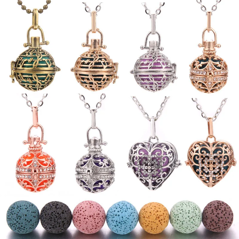 

High Quality Rhinestone 1Pc Lava Stone Diffuser Hollow Locket Necklaces Bracelets Bangles For Essential Oil Necklace Gift