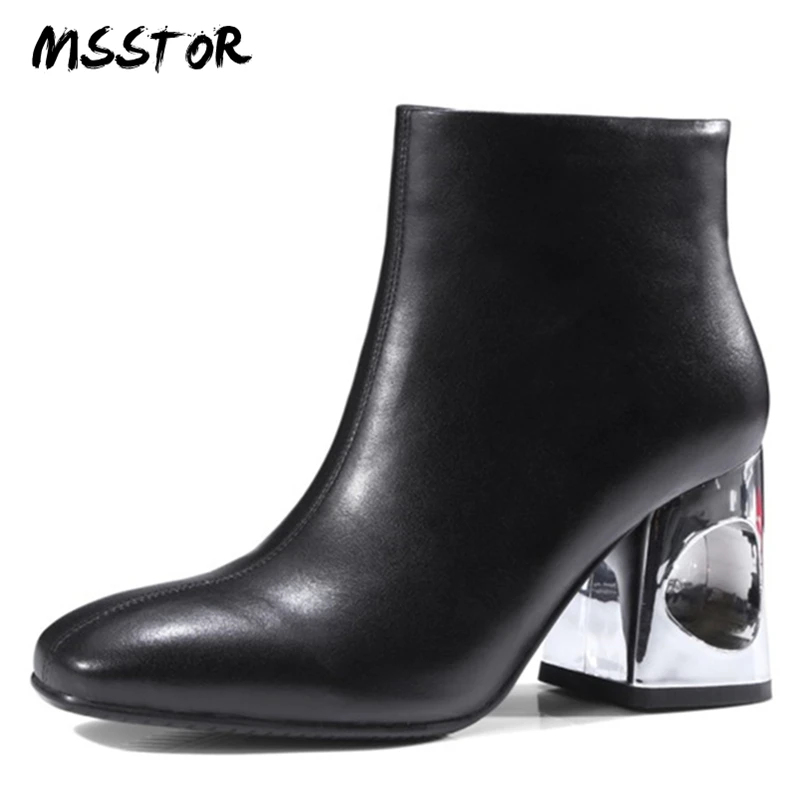 

MSSTOR Fashion Fretwork Heels High Heels Boots Women Concise Genuine Leather Winter Spring Black Women Pumps Zipper Ankle Boots